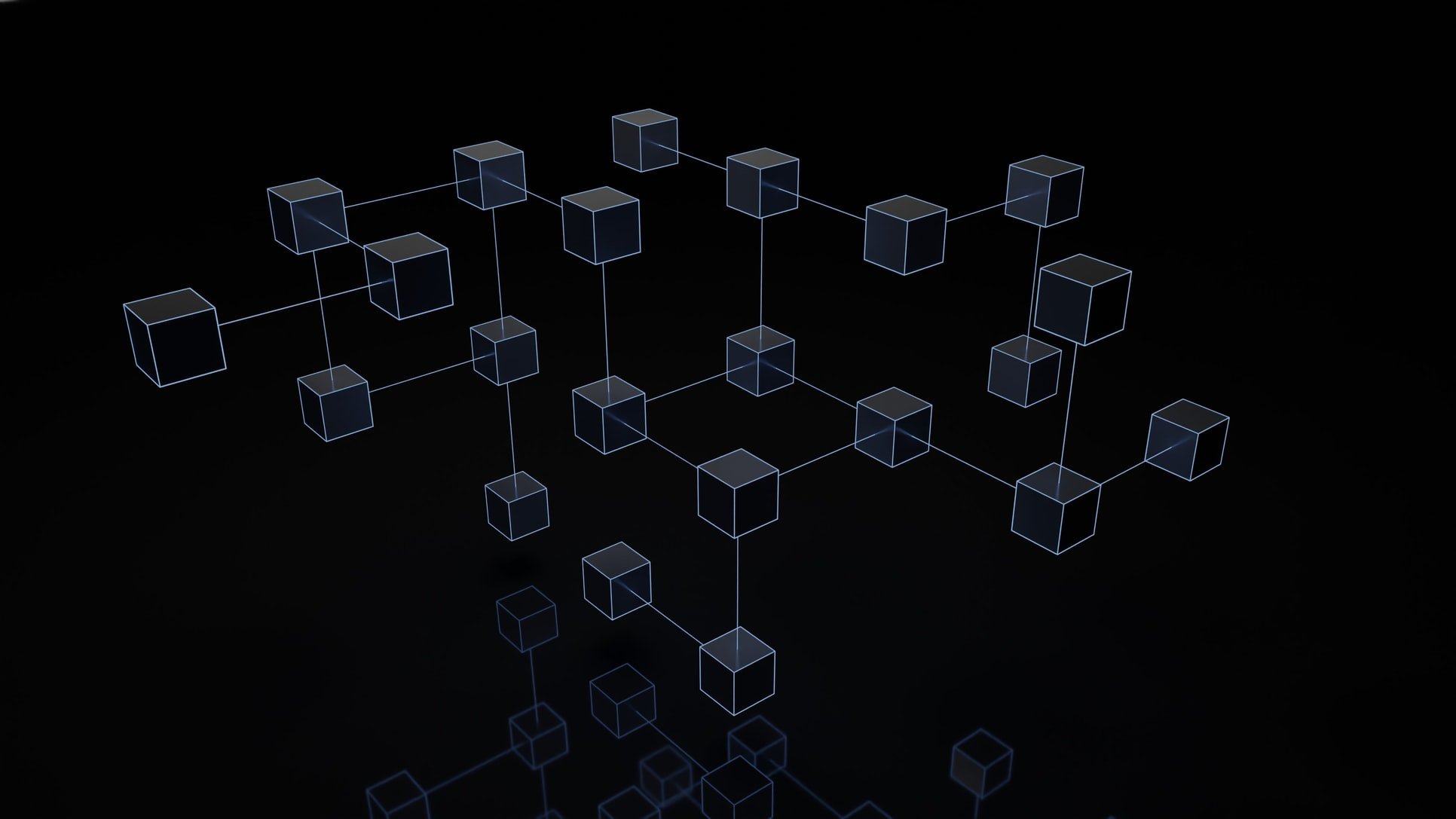 Cubes connected in a blockchain like link matrix on a black background