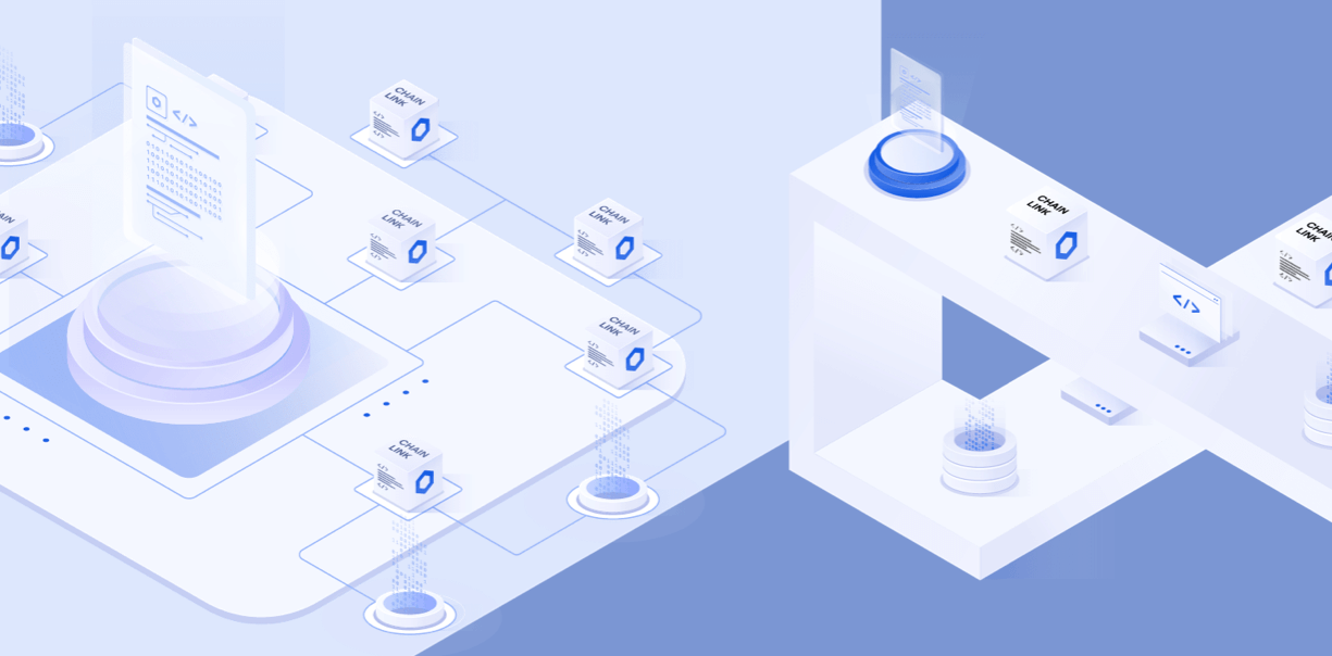Crypto Oracles Chainlink isometric illustration that show offchain and on-chain data being shared